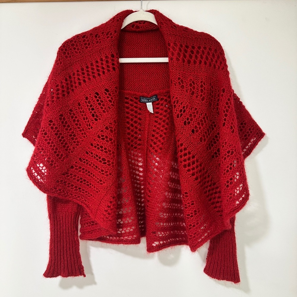Helen Welsh Red Mohair Wool Open Knit Draped Shawl Cardigan Sweater Women OS
